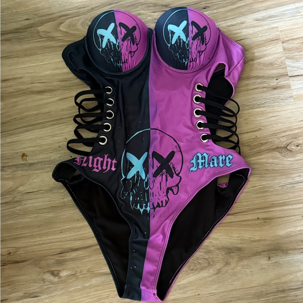 Black and Pink Skull One-Piece Swimsuit